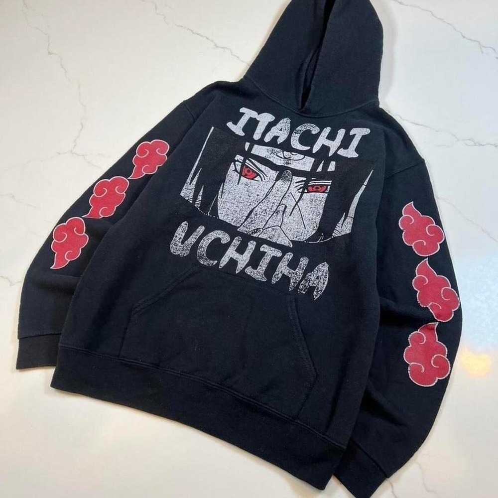 Naruto Shippuden Itachi Uchiha Hoodie Mens Black Akatsuki Red Cloud Graphic